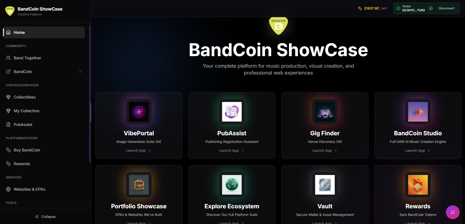 BandCoin Platform screenshot